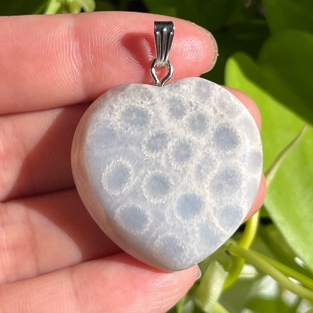 Beautiful stainless‎ steel fossil coral jade pendant 1573